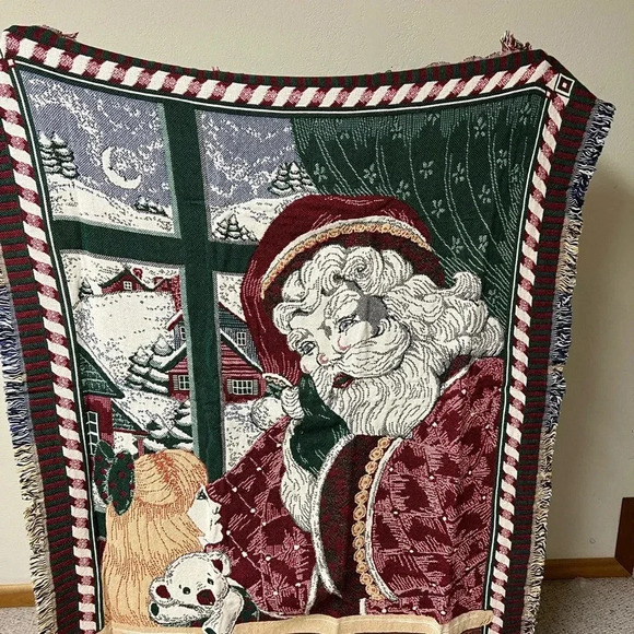 Christmas Santa Goodwin Weavers Throw Blanket 58" x 48" 100% Cotton Afghan USA - Picture 3 of 9